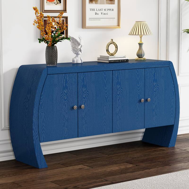 Four-Door Ash Veneer Storage Cabinet with Curved Legs