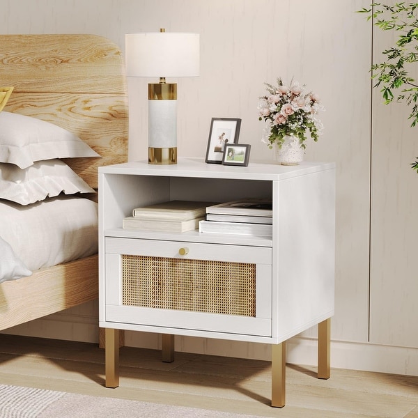 Natural Rattan Nightstand Set of 2 End Table Boho Bedside Table with 1 Hand Made Door for Living Room Bedroom On Sale Bed Bath Beyond 40866049