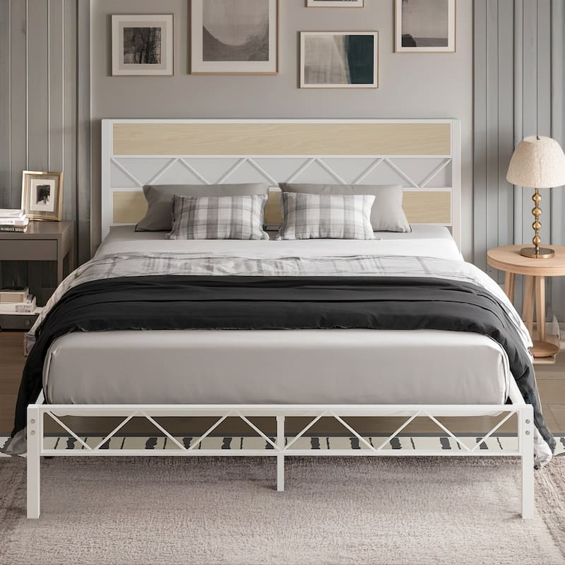 Metal Bed Frame with Brown Wooden Headboard, No Box Spring Needed - Oak - Queen