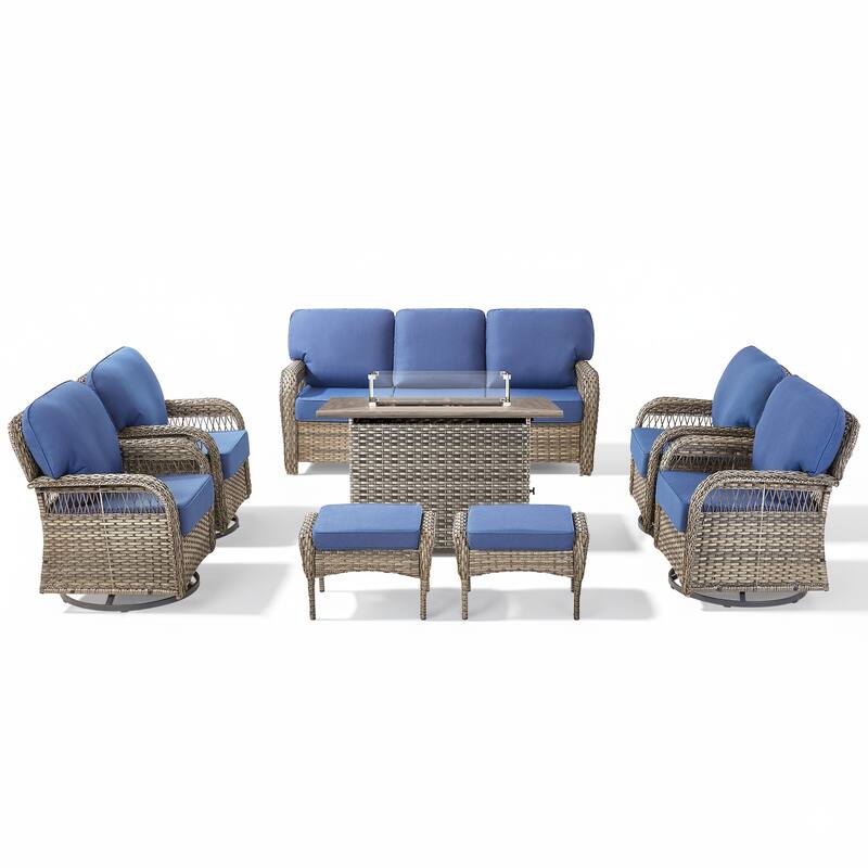 Pocassy Patio Sofa Ottoman Swivel Chair Table with Fire Table Funiture Set.