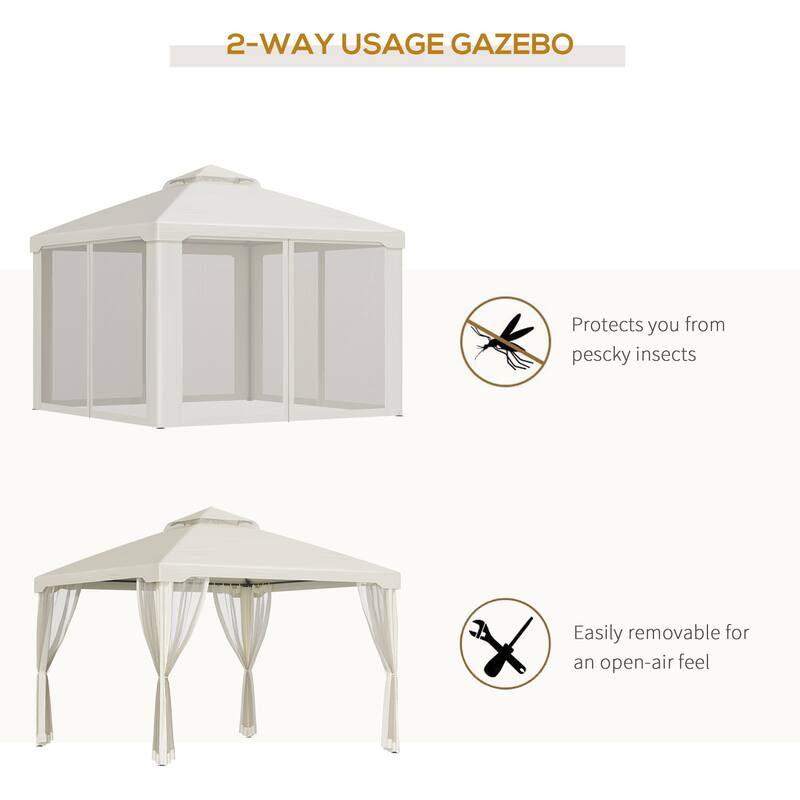 Outsunny 9.5' x 9.5' Patio Gazebo Outdoor Pavilion 2 Tire Roof Canopy Shelter Garden Event Party Tent Yard Sun Shade Steel Frame