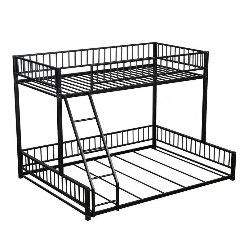 Twin/Full XL over Queen Size Metal Bunk Bed with Ladder and Safety Guardrails, Convertible Bed Frame to Two Floor Beds
