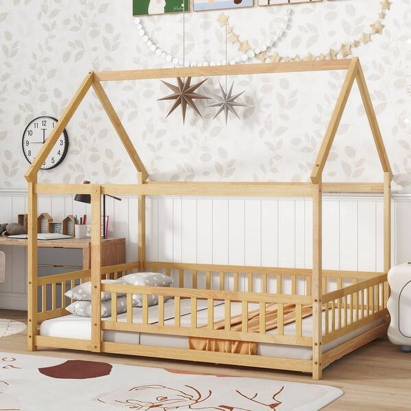 slide 2 of 12, Full Size House Bed Wooden Floor Bed with Roof Frame,Safety Guardrails