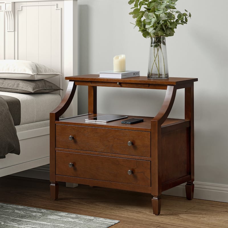 Jennifer 2 - Drawer Nightstand with Built-In Outlets and Pull-out Tray by HULALA HOME - Walnut