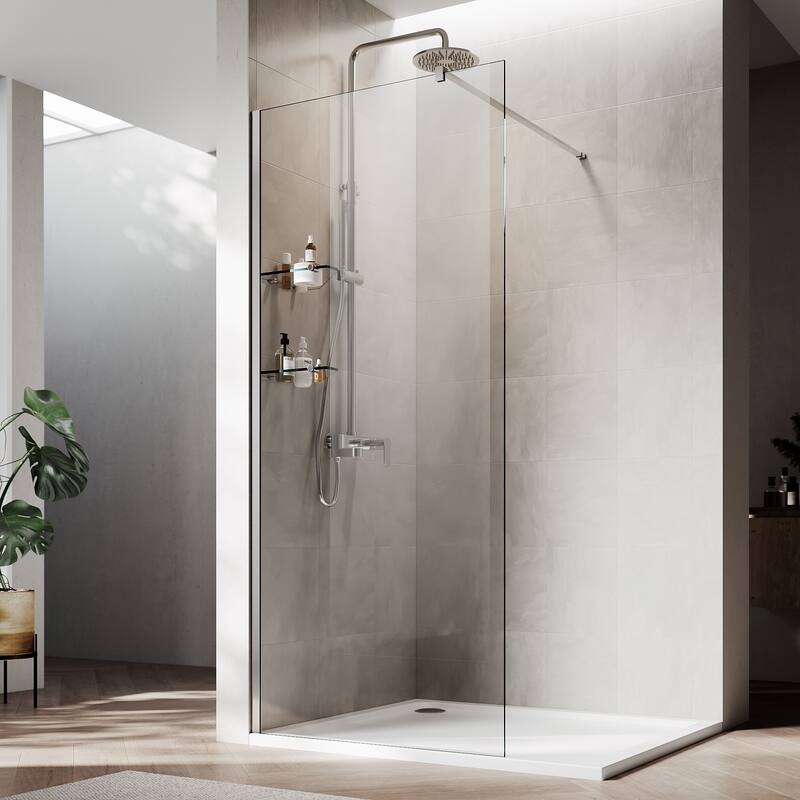 Elegant Frameless Fixed Glass Panel Shower Door 74inch High with 5/16inch Clear Tempered Glass with 2 Corner Shelves