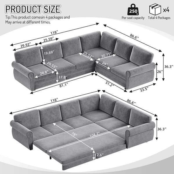 dimension image slide 11 of 13, Homy Casa Chenille Sleeper Sectional Sofa with Pull-Out Bed