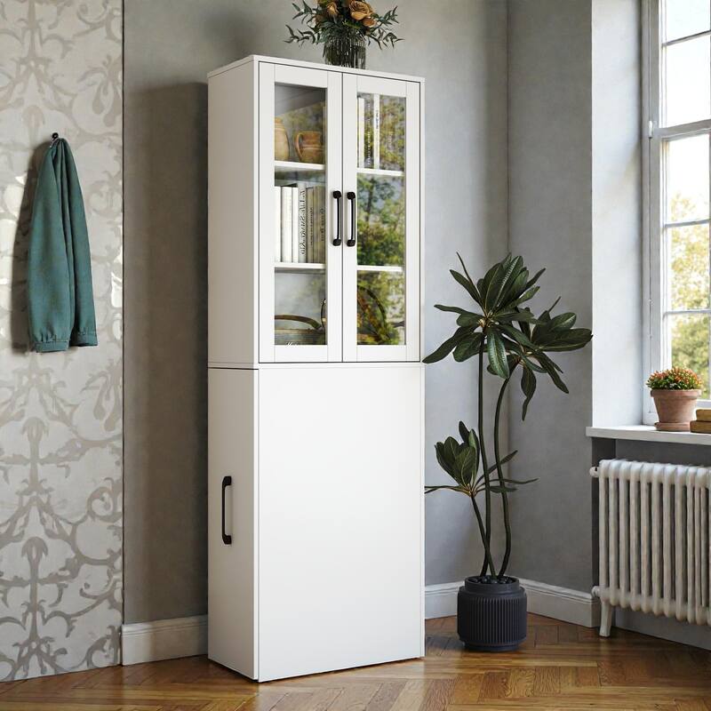 70.87" Tall Display Storage Cabinet with 4-Tier Pull-Out Shelf & Glass Doors, Modern Wooden Kitchen Pantry for Home