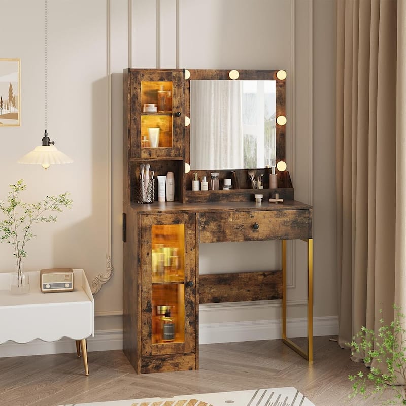 Vanity Desk, Makeup Dressing Table with LED Lights, Mirror, Built-in Outlets & USB Ports