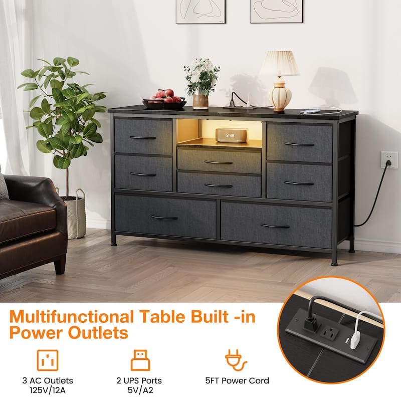 8-Drawer Fabric TV Stand with LED Lights & Built-in Power Outlets