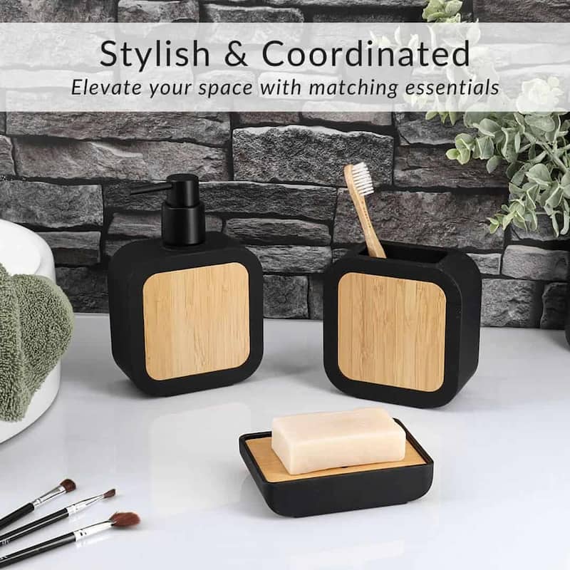4-Piece Bathroom Accessory Set Rubber and Wood - 4 L x 3.9 W x 15.2 H