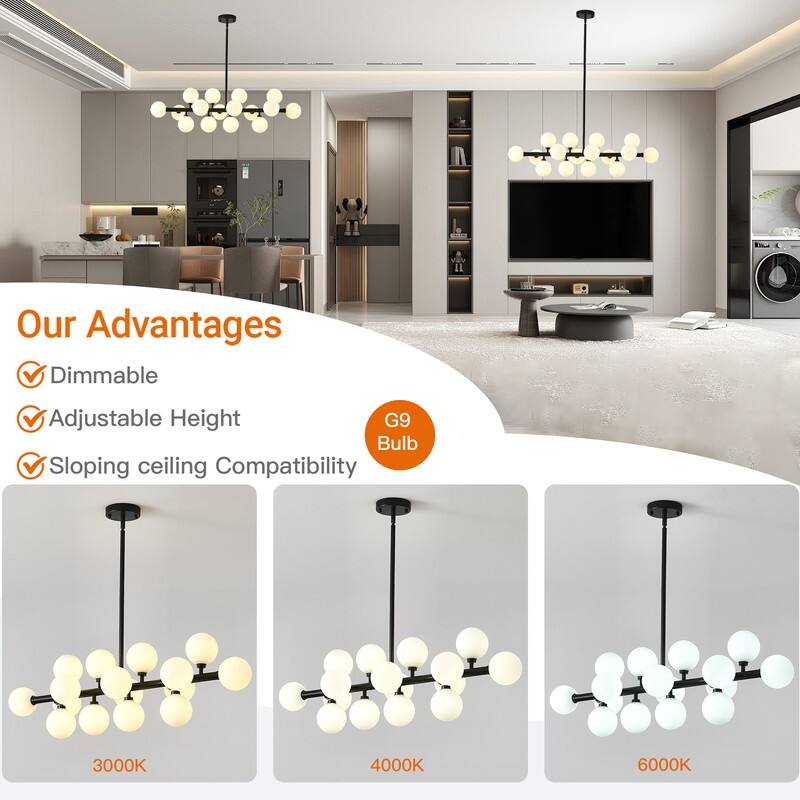 Mid-Century Modern Sputnik Chandelier 16-Light Adjustable Brass Pendant with Glass Globes for Dining Rooms - 34.7in