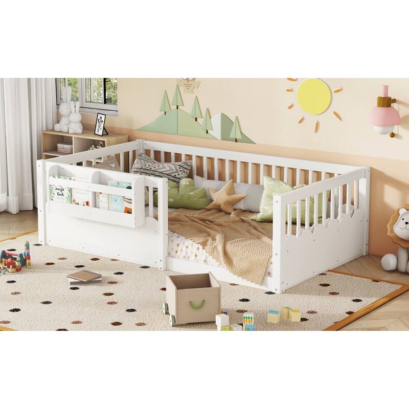 Roomfitters Floor Bed with Bookshelf and Heightened Fence, Solid Wood Frame with Guardrails