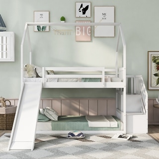 Multifunctional Twin over Twin House Bunk Bed with Convertible Slide & Storage Staircase