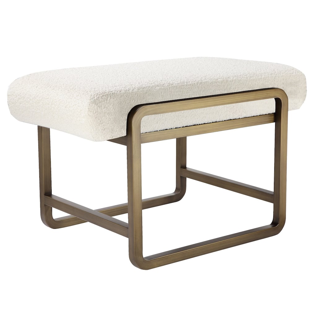 Loer 18 Inch Modern Accent Stool, Ivory Boucle Upholstery, Sled Brass Legs