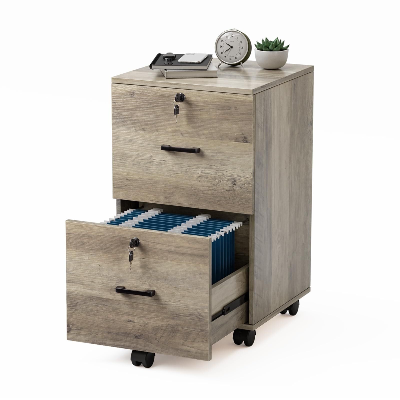 2-Drawer File Cabinet with Lock, Rustic Gray Wood, Mobile for Letter Size Files, Home Office Printer Stand