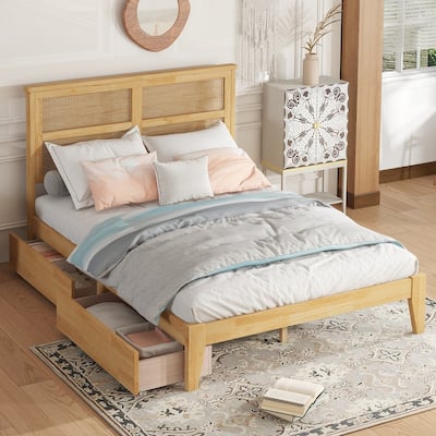 Full Size Platform Bed with Rattan Headboard, Two Drawers
