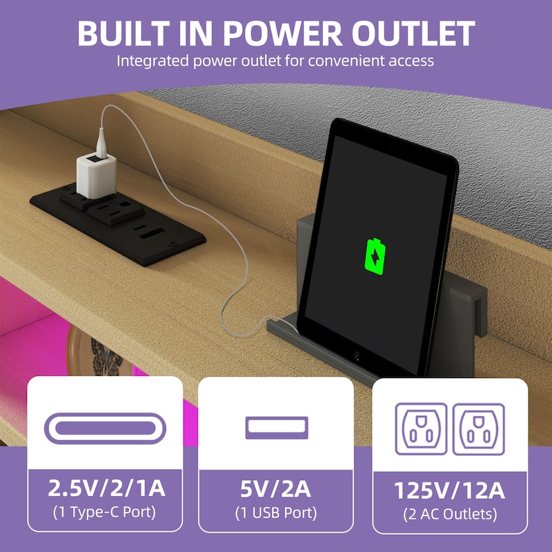 Farmhouse Bed Frame Upholstered Headboard Platform Bed with Charging Station