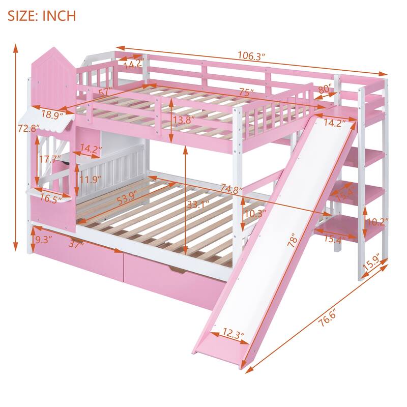 Solid Wood Full Over Full Castle Style Bunk Bed with 2 Drawers 3 Shelves and Slide and Storage Stairs