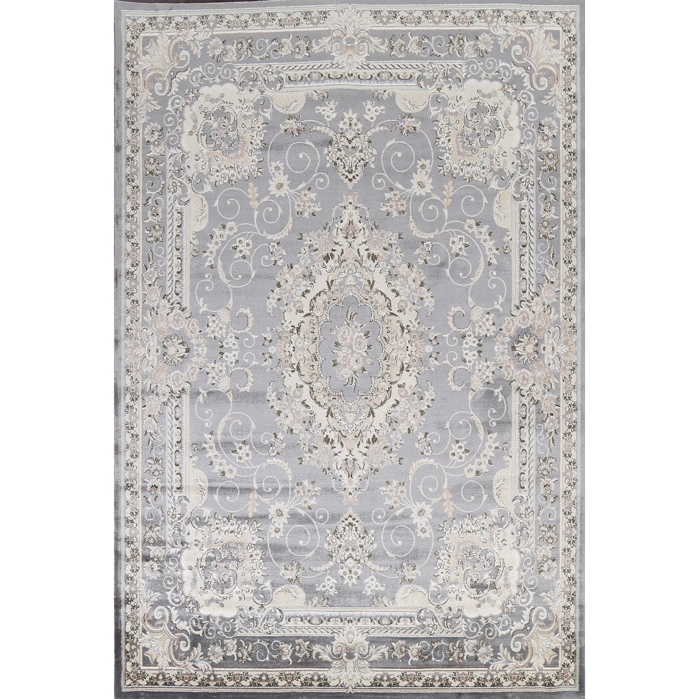 Grey Floral Medallion Transitional Turkish Rug Oriental Carpet