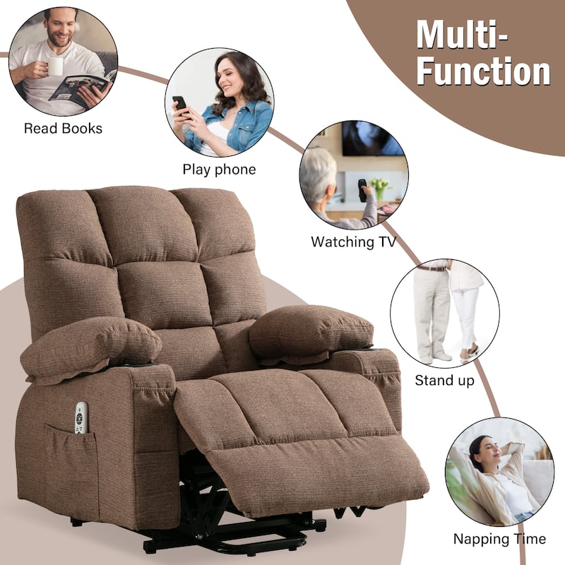 Linen Power Lift Recliner Chair with Massage and Heat, Side Pockets, USB Charge Ports