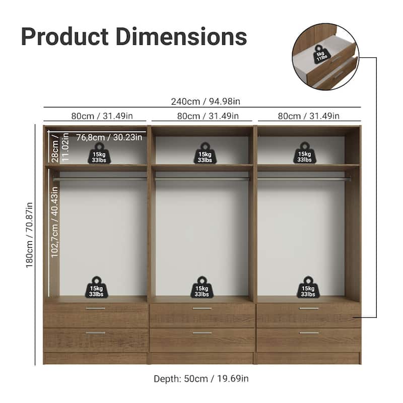 Madesa 6 Doors 6 Drawers Wardrobe With Hanging Space 94"L