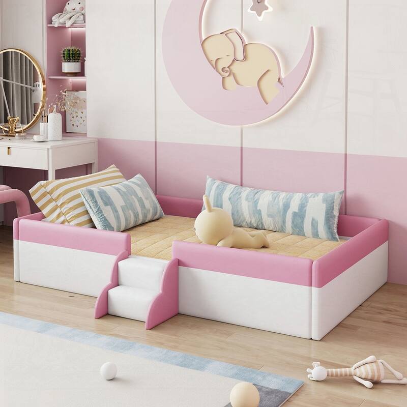 Upholstered Daybed Frame with Fence and Stairs