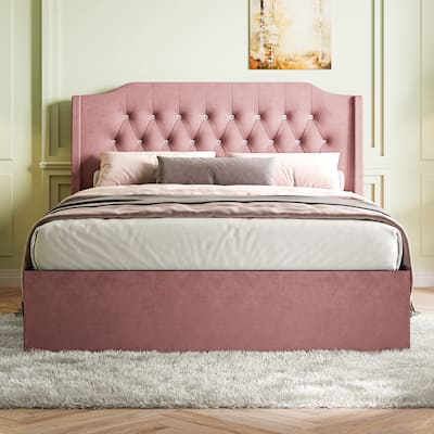 Queen Bed Frame with Tufted Upholstered Wingback Headboard, Under-Bed Storage, No Box Spring Needed