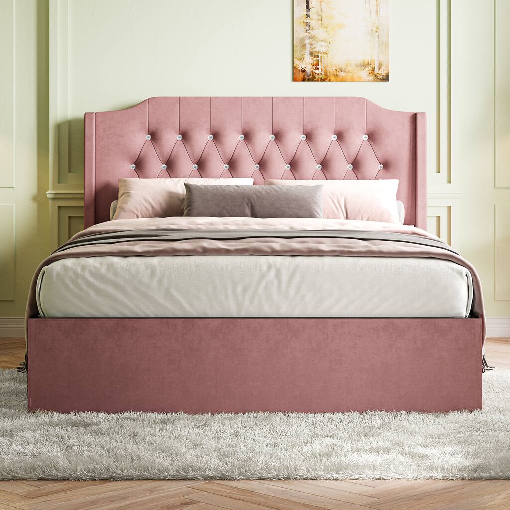 Queen Size Tufted Upholstered Bed Frame with Crystal Button Accents, with Wingback Headboard and Under-Bed Storage Space