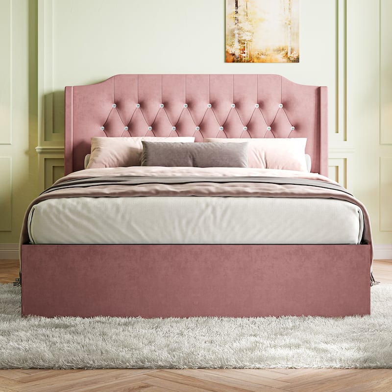 Queen Size Upholstered Platform Bed Frame with Crystal Button Tufting, Wingback Headboard with Shelf, Under-Bed Storage - Pink