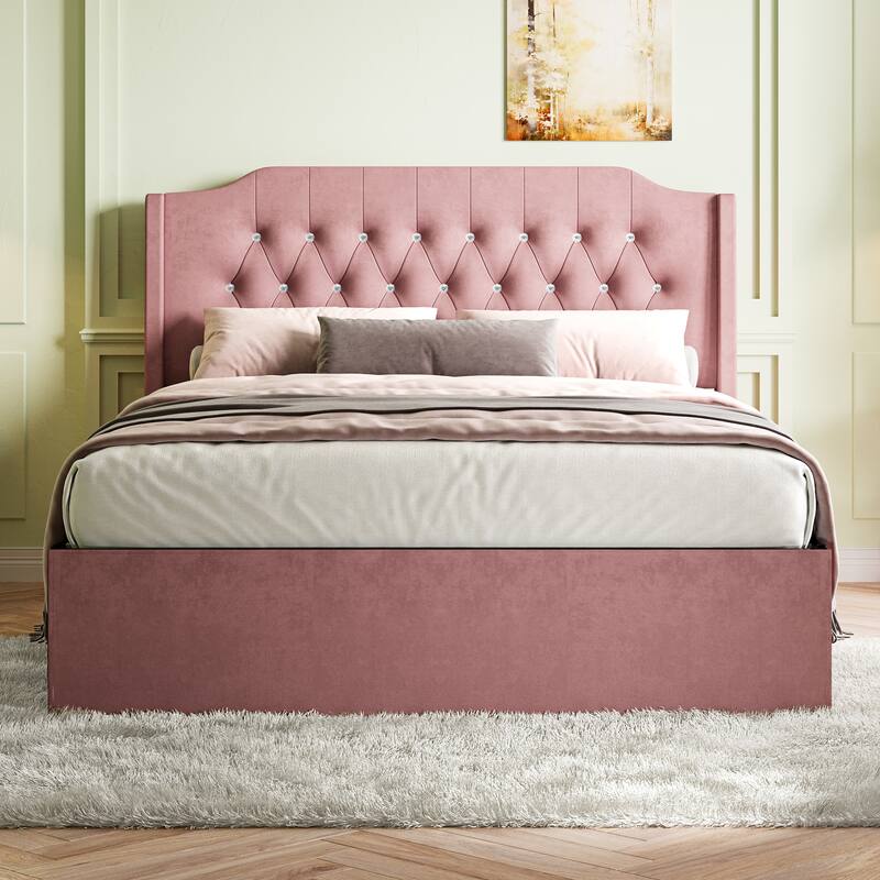 Roomfitters Tufted Wingback Queen Bed Frame with Crystal Button Accents and Under-Bed Storage - Pink