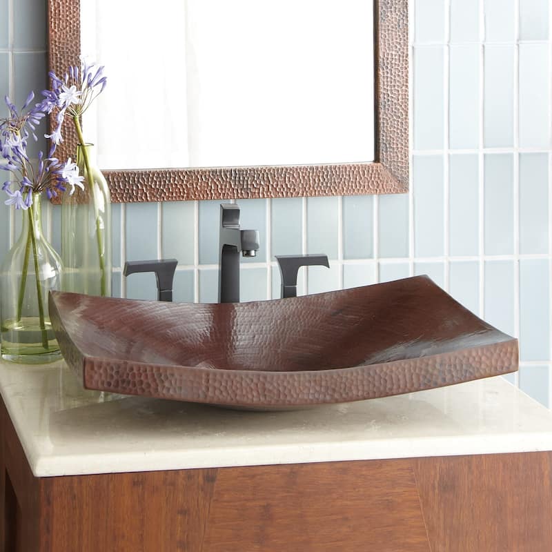 Kohani Hand-Hammered Copper Curved Vessel Bathroom Sink - 20 x 15 x 4 - Antique Copper