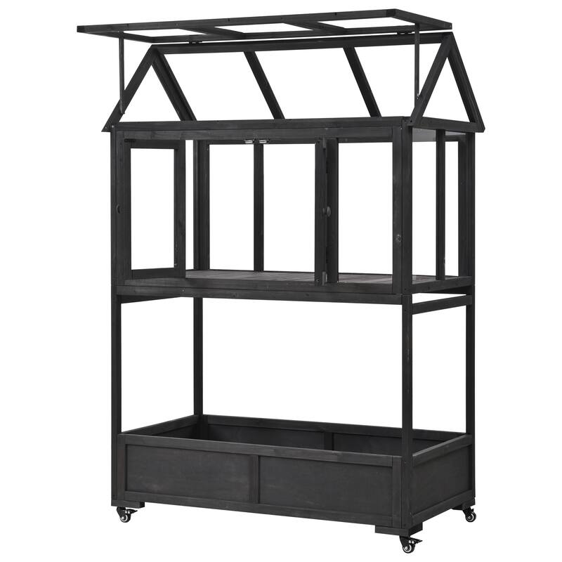 Garden Wood Portable Cold Frame with Movable Wheels Mini Greenhouse with Openable Roof and Storage Box
