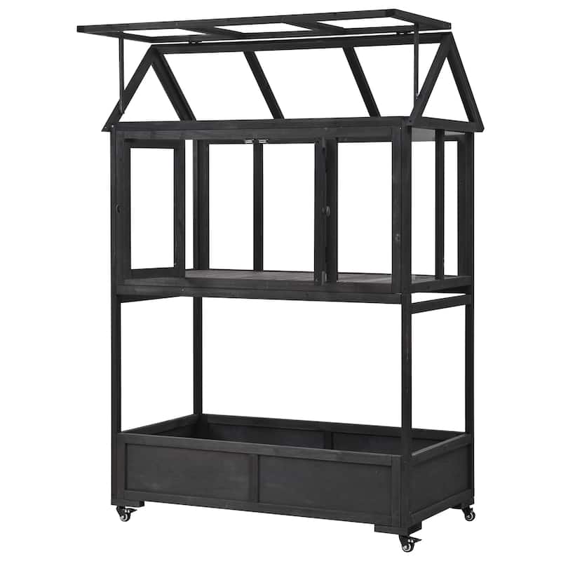 Roomfitters Portable Wooden Cold Frame Greenhouse with Wheels, Openable Roof and Storage Box for Garden Plants