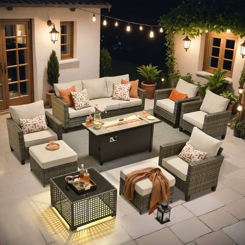 OVIOS 9 Pieces Patio Furniture Set with Solar-Powered Table & 54" Fire Table