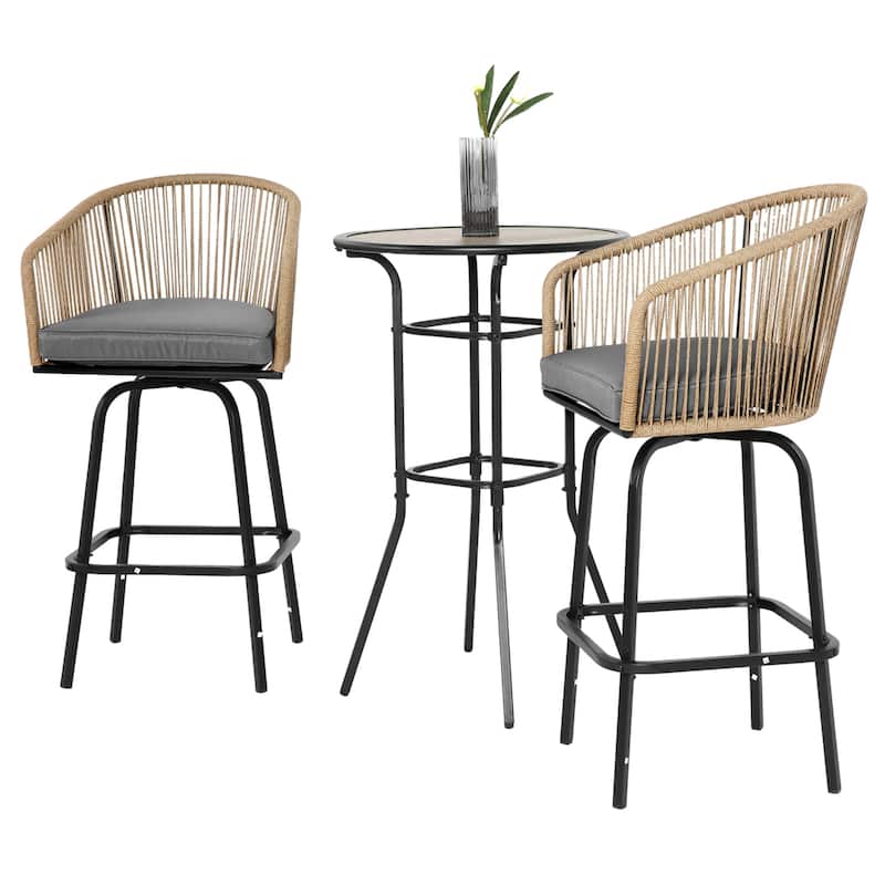 Patio Bar Table and Swivel Chairs Set with Metal Frame (Set of 3)
