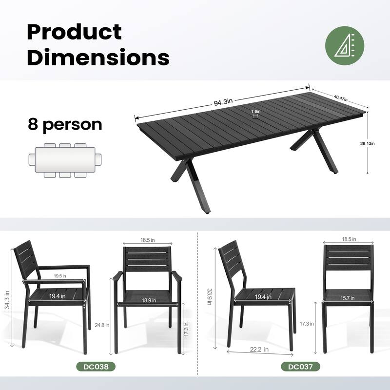 9/11PC Aluminum X Frame Outdoor Patio Dining Set Umbrella Hole Table with Stackable Chairs - N/A
