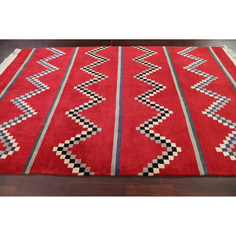 Vegetable Dye Tribal Chevron Nepalese Oriental Wool Area Rug Handmade - 6'0" x 9'0"