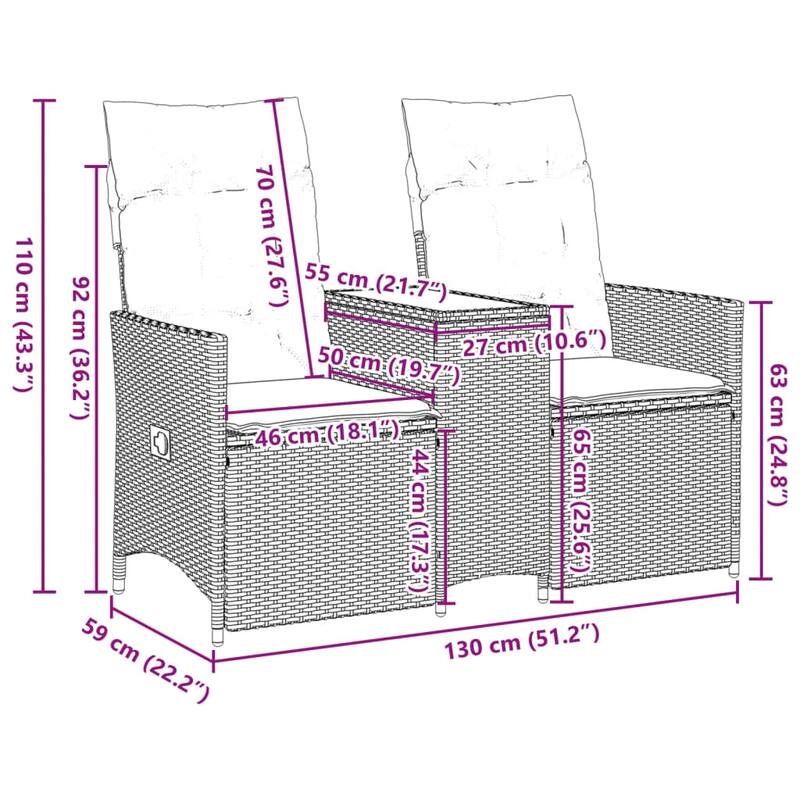 vidaXL Reclining Patio Sofa 2-Seater with Table Loveseat Furniture Poly Rattan - 23.2 x 51.2 x 36.2