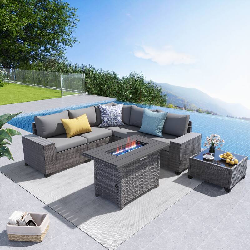 7-Piece 5 Person Patio Free Combination Wicker Conversation Set With Waterproof Cushions and Firepit Table - Grey/Blue