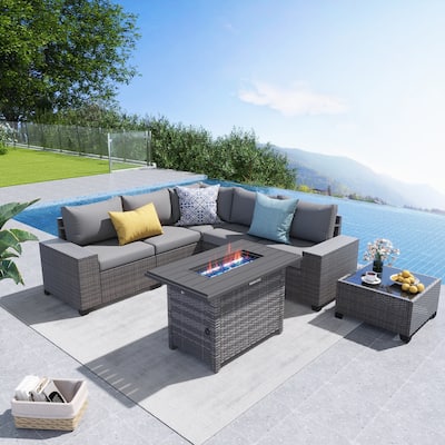 7-Piece 5 Person Patio Free Combination Wicker Conversation Set With Waterproof Cushions and Firepit Table