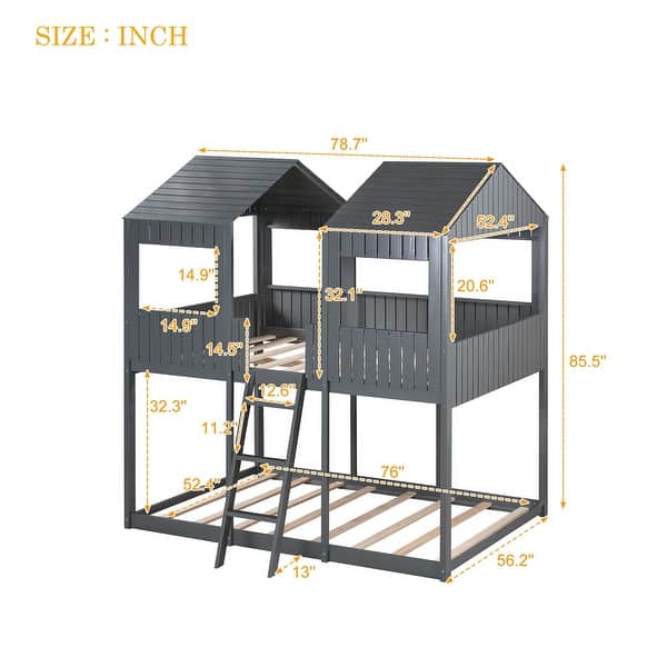 Gray Full Over Full Pine House Bunk Bed with Roof, Window, Guardrail, Ladder