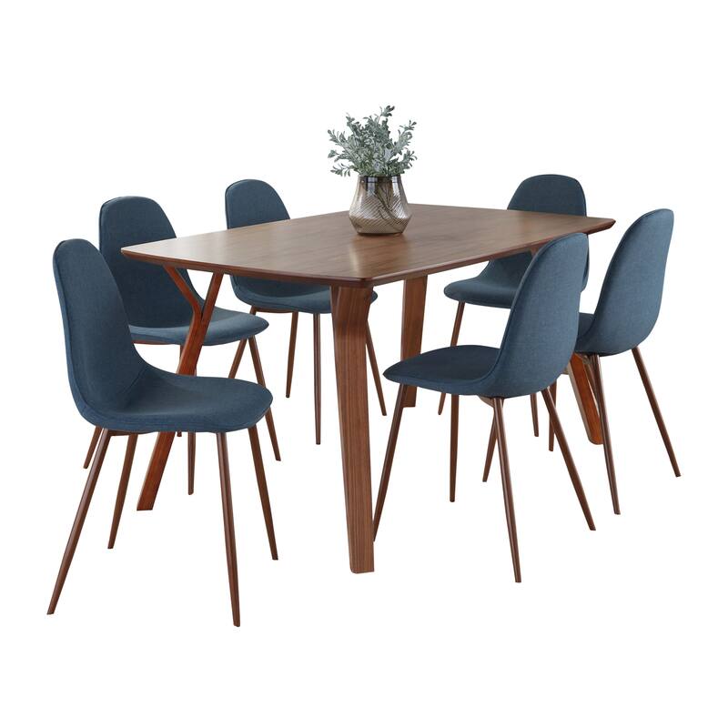 Carson Carrington Sala Stone 7-Piece Rectangular Dining Set - Blue Fabric/Walnut Metal/Walnut Wood Top