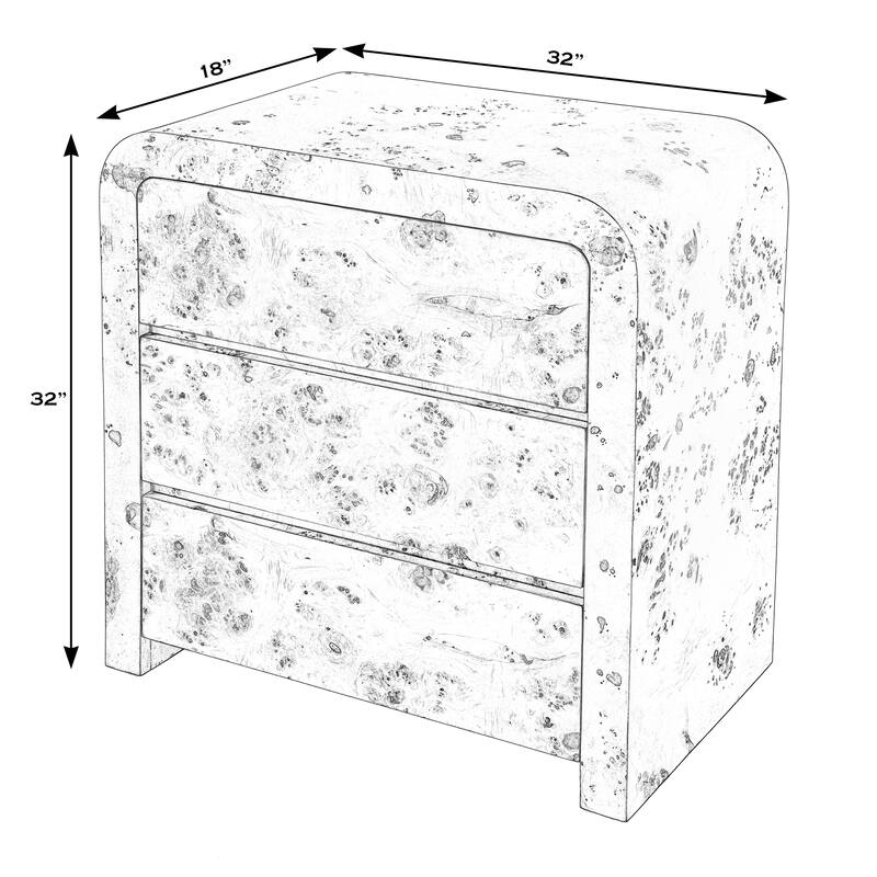 Cora 3 Drawer Burl Wood Curved Dresser