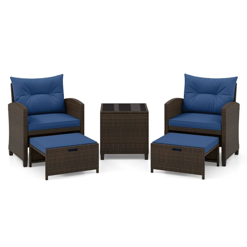 Gymax 5 CS Rattan Furniture w/ & Tempered Glass & 2 Ottomans Coffee
