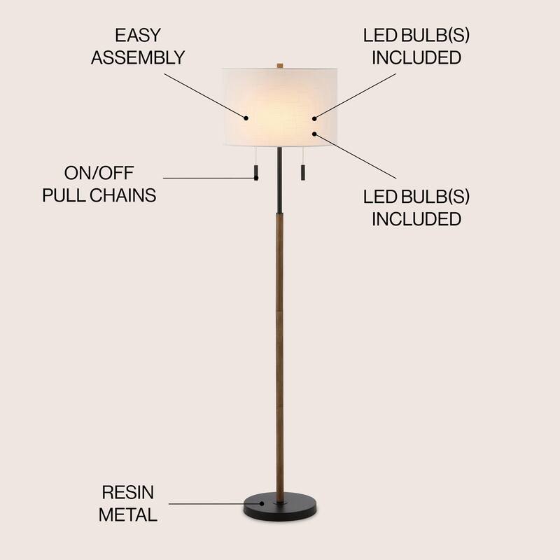 Koda 61" Rustic Farmhouse Iron Candlestick Pull Chains LED Floor Lamp, Brown Wood Finish/Black by JONATHAN Y