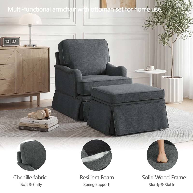 Modern Chenille Swivel Armchair and Storage Ottoman