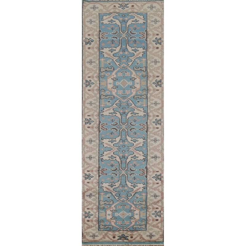 Light Blue Oushak Oriental Runner Rug Handmade Wool Carpet - 2'7"x 9'10"