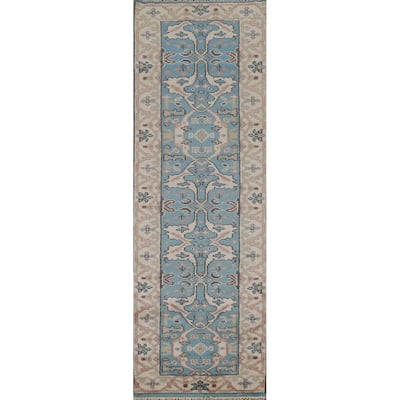 Light Blue Oushak Oriental Runner Rug Handmade Wool Carpet - 2'7"x 9'10"
