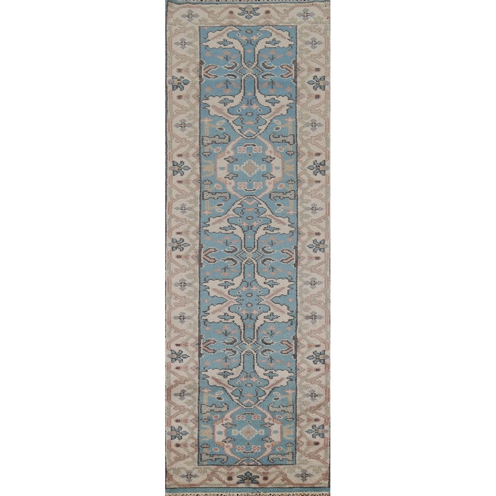 Hand Knotted Oriental 100% Wool Carpet Transitional All-Over Navy Blue & Blues Oushak Runner Rug - 9' 10'' X 2' 7''