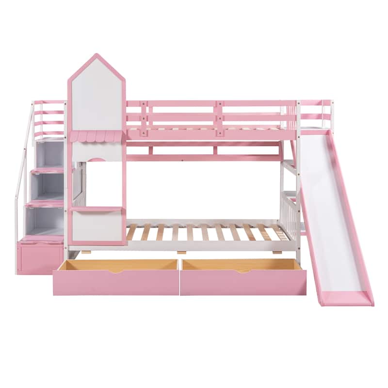 Castle Style Bunk Bed with 2 Drawers 3 Shelves and Slide